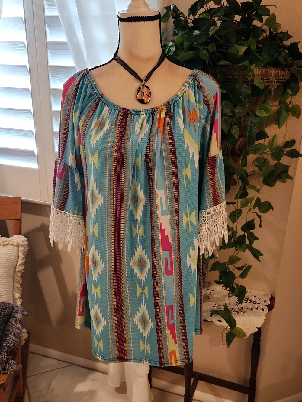 WinWin Turquoise Aztec Lace-Trim Off-Shoulder Tunic